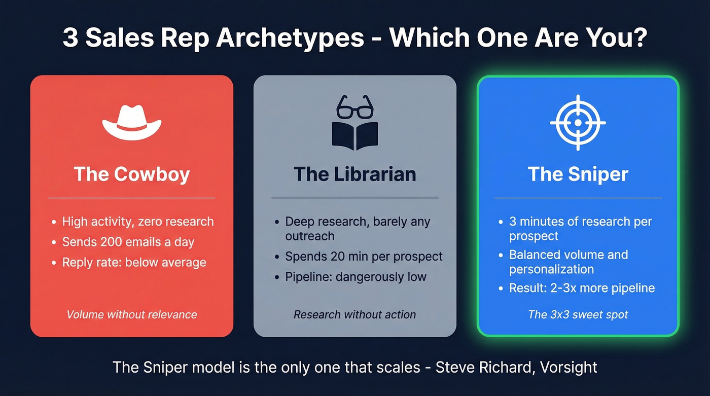 Three sales rep archetypes: Cowboy, Librarian, Sniper comparison