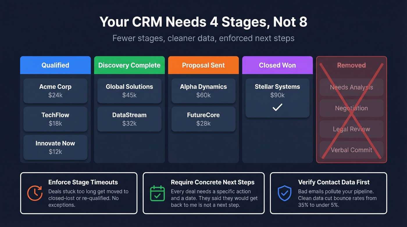 CRM pipeline setup with four stages and hygiene rules