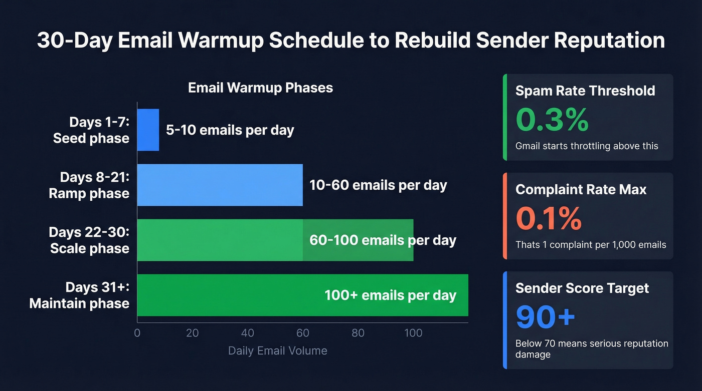 Email warmup schedule with volume ramp and key metrics