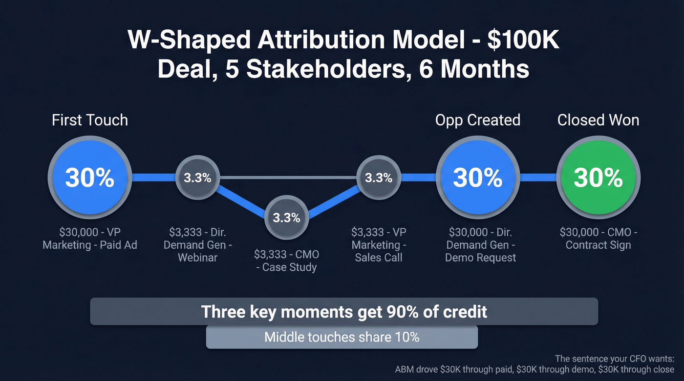 W-shaped attribution model visual for a $100K deal