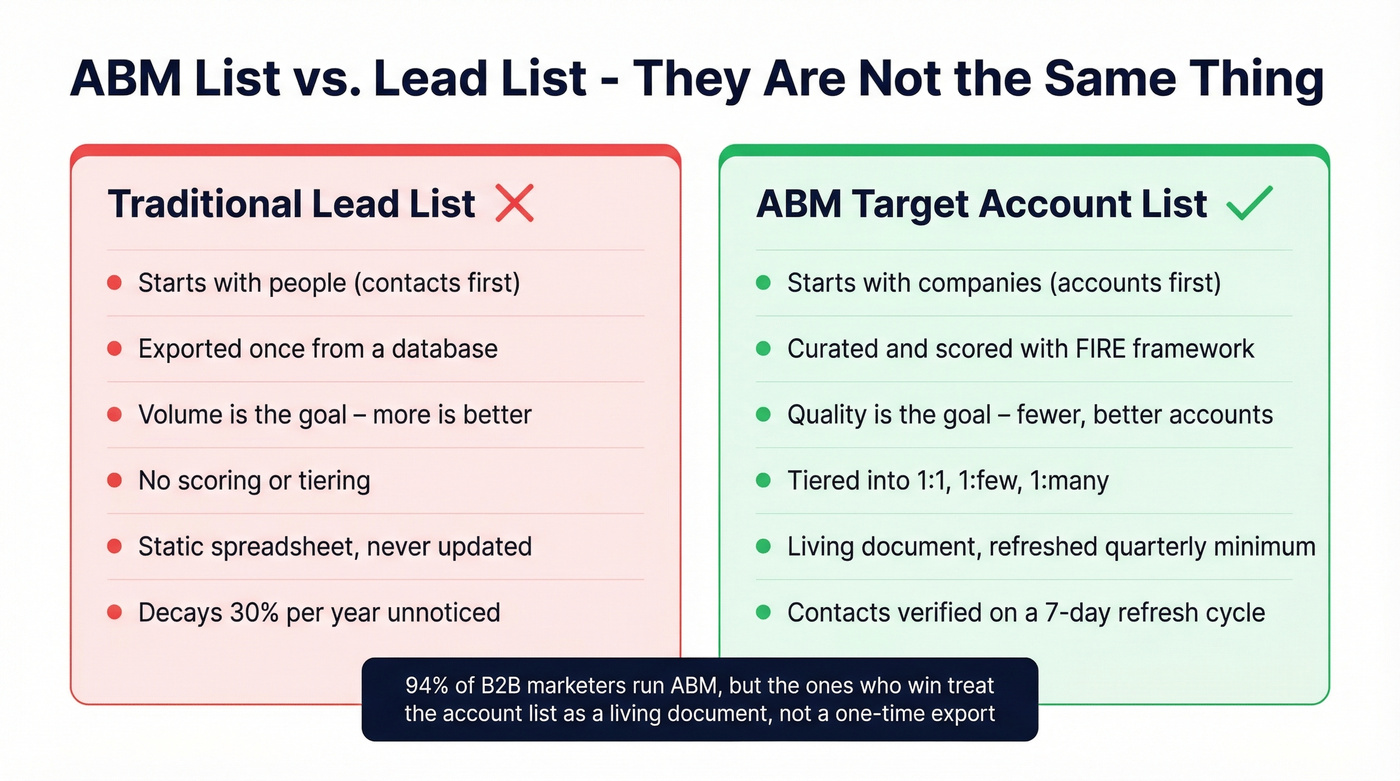 Side-by-side comparison of ABM list vs lead list
