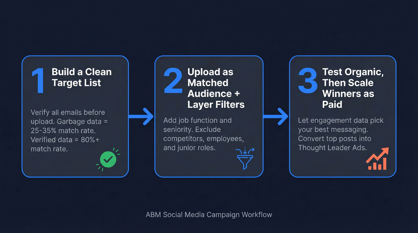 Three-step ABM social campaign workflow from list to ads