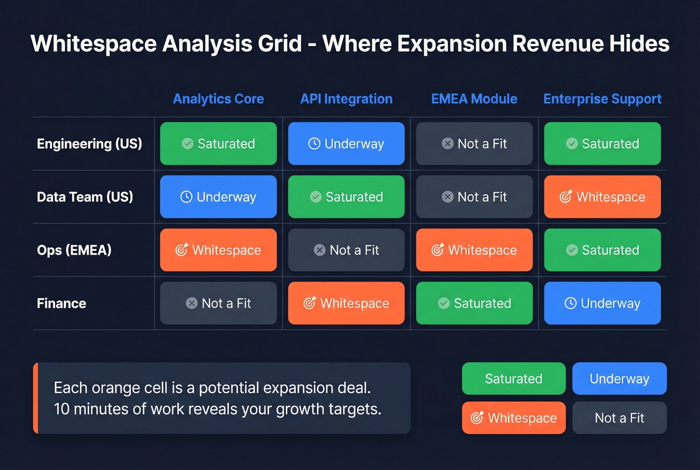 Whitespace analysis grid showing departments vs products with expansion opportunities