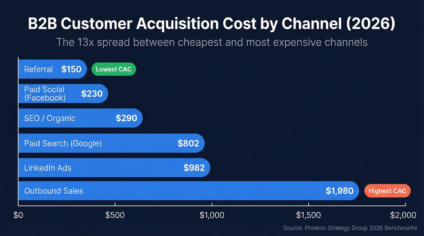 B2B customer acquisition cost by channel horizontal bar chart