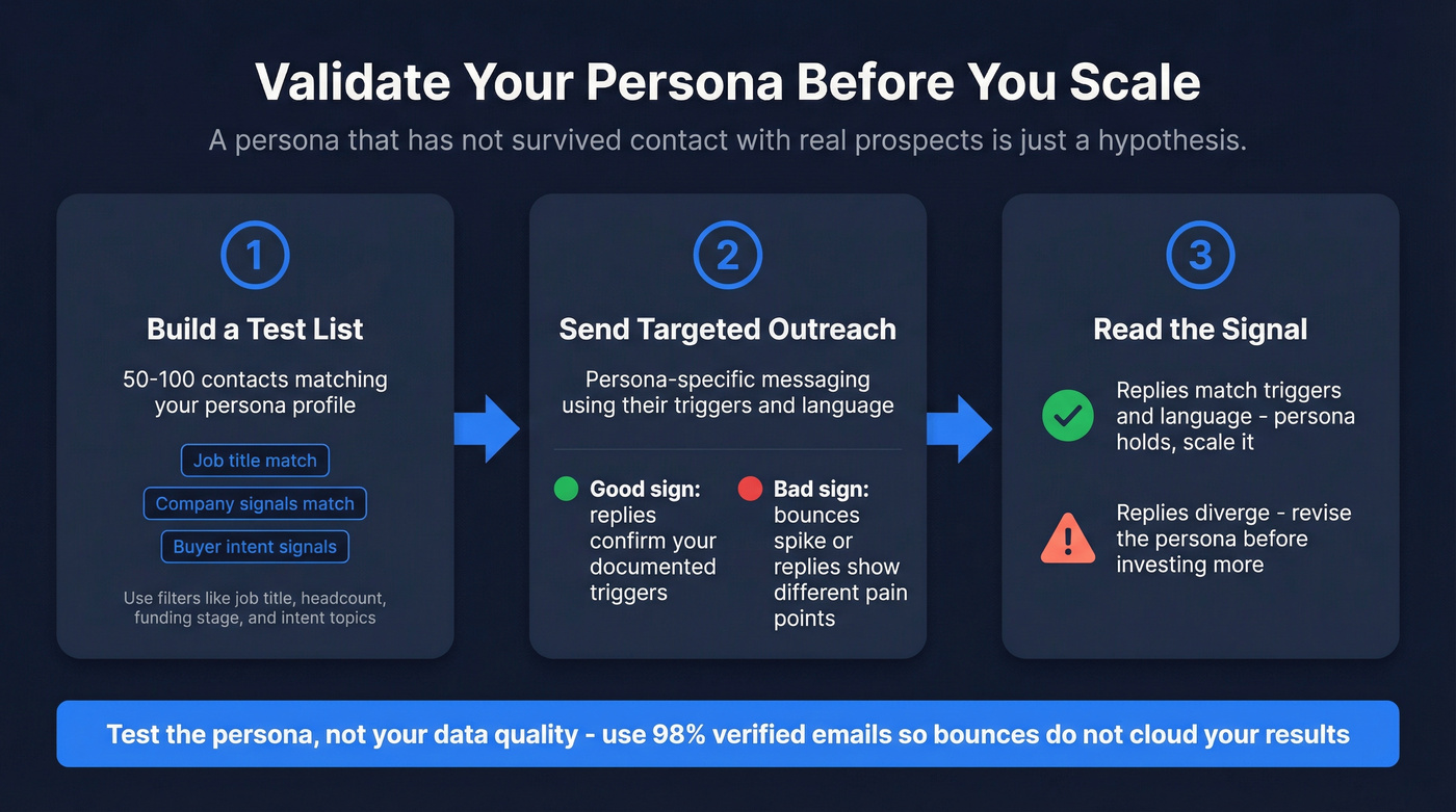 Three-step persona validation workflow with outreach testing