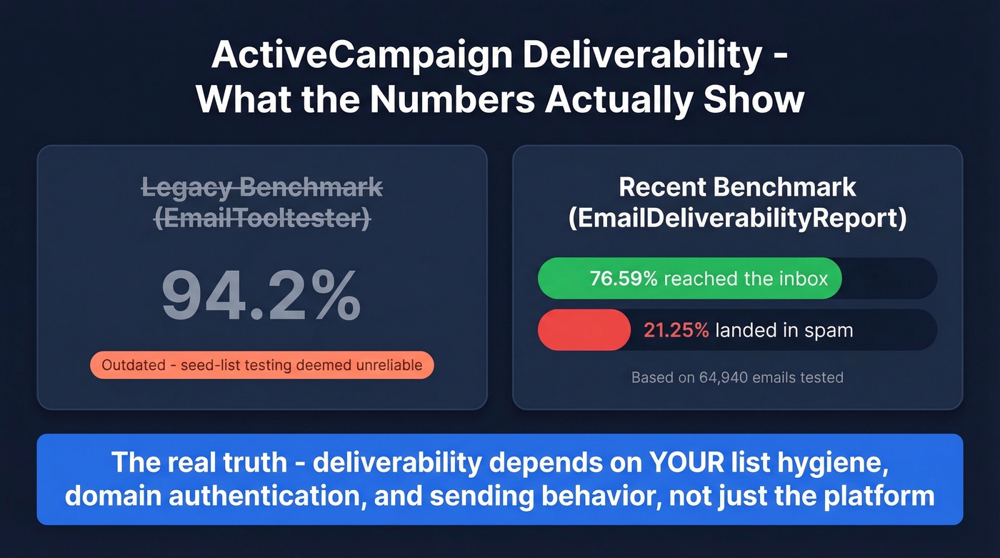 ActiveCampaign deliverability stats with inbox vs spam breakdown
