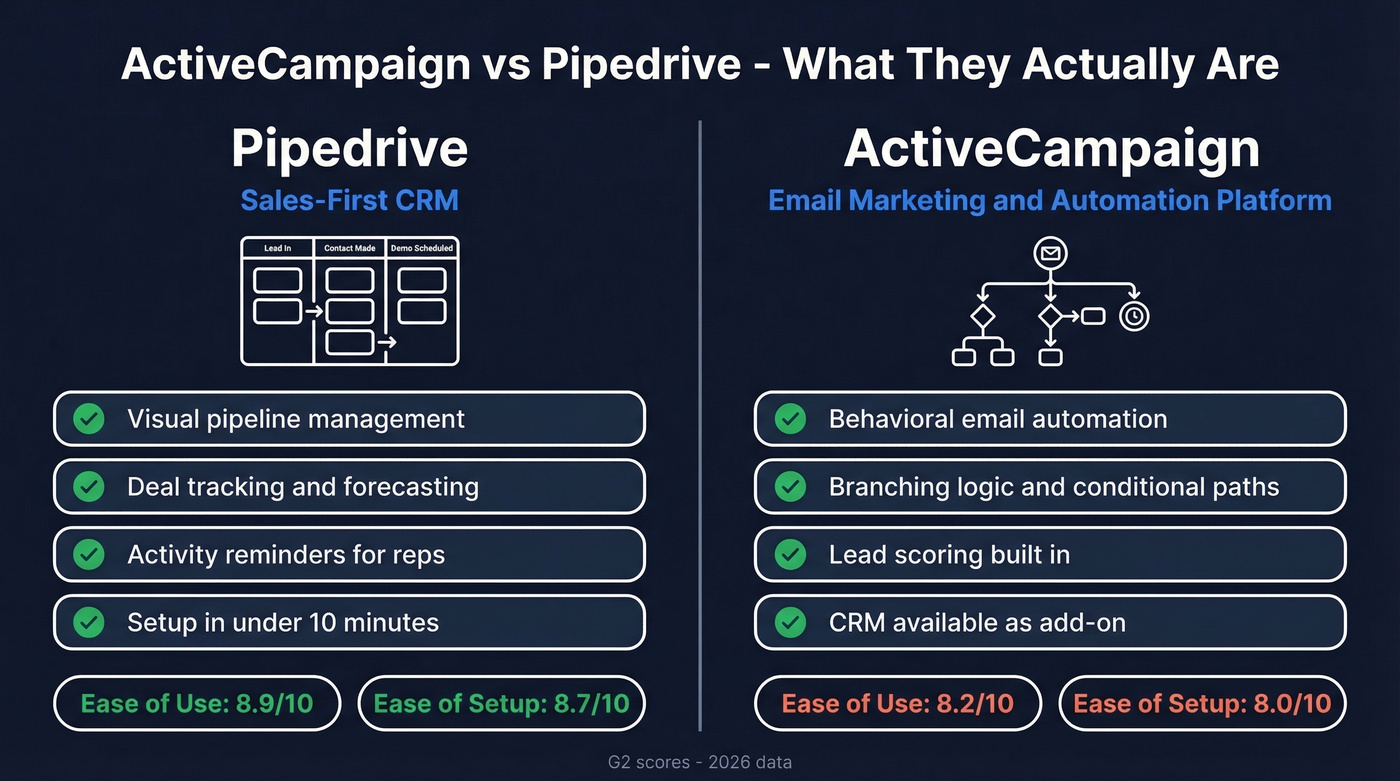 ActiveCampaign vs Pipedrive core identity comparison diagram
