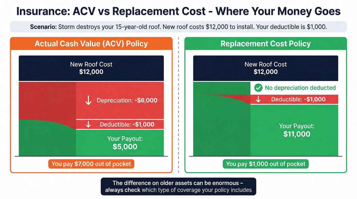 Insurance ACV vs replacement cost payout comparison