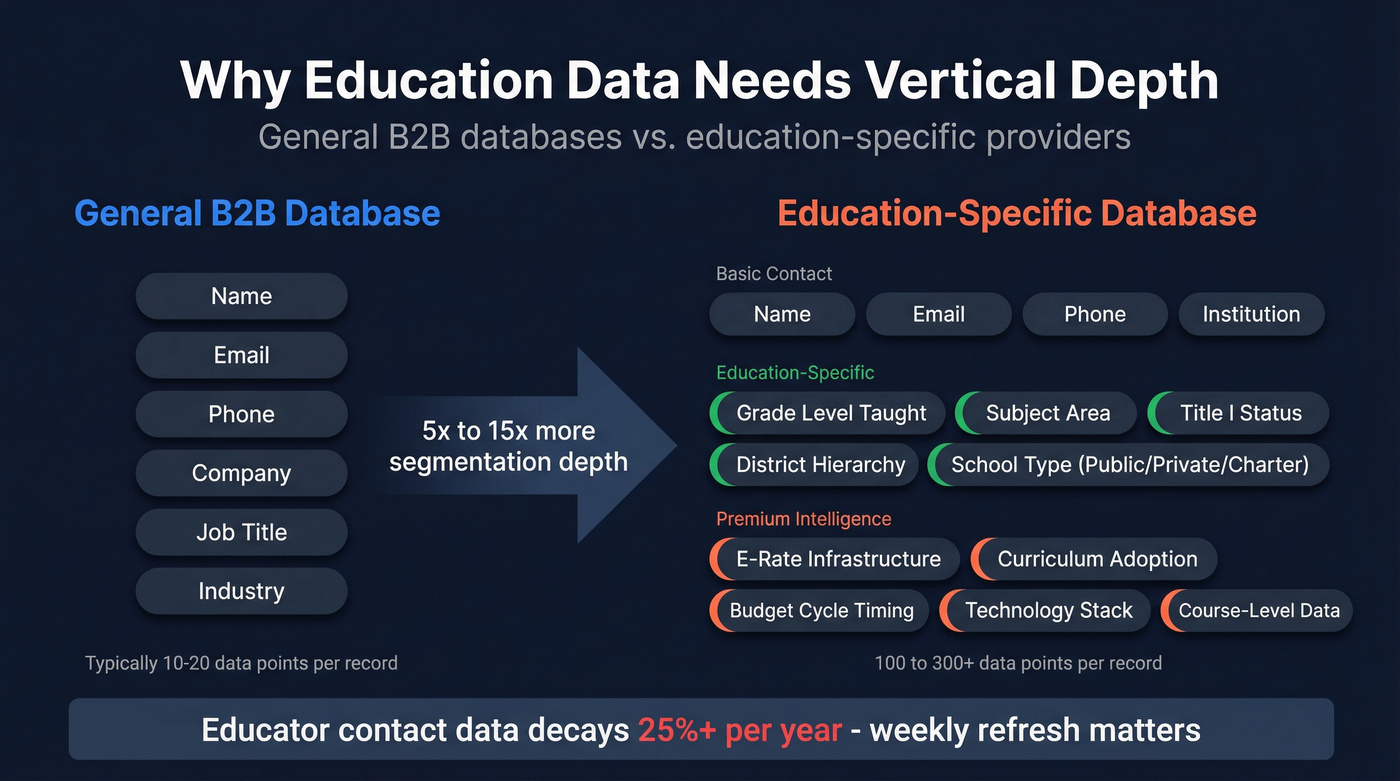 Education data segmentation depth comparison between general and vertical databases