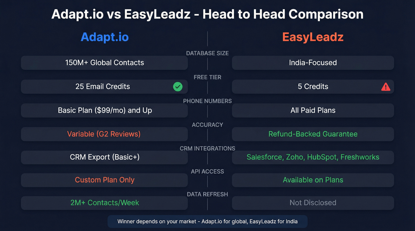Adapt.io vs EasyLeadz head-to-head feature comparison diagram