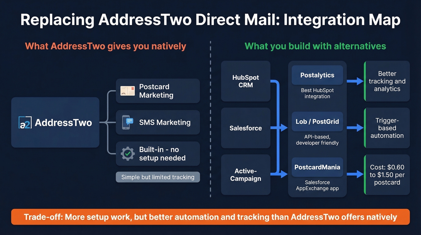 Direct mail integration options replacing AddressTwo native postcards
