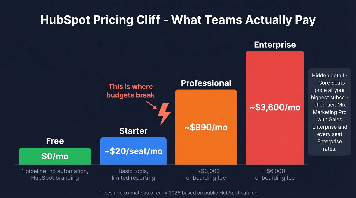 HubSpot pricing escalation from free to enterprise tiers