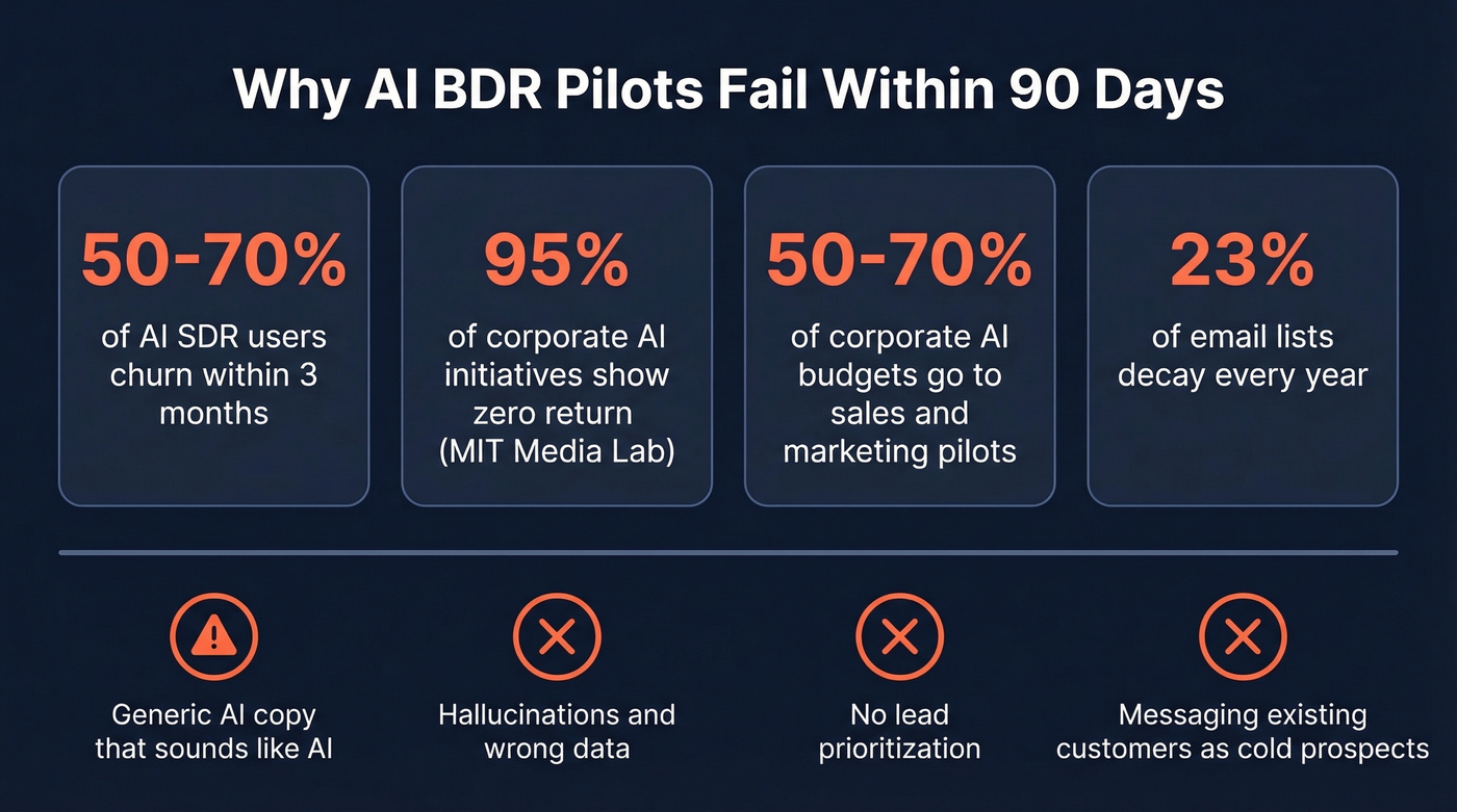 AI BDR pilot failure statistics and churn data