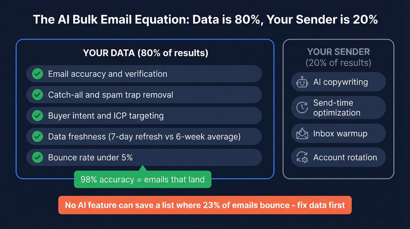 AI bulk email sender ecosystem showing data vs sending