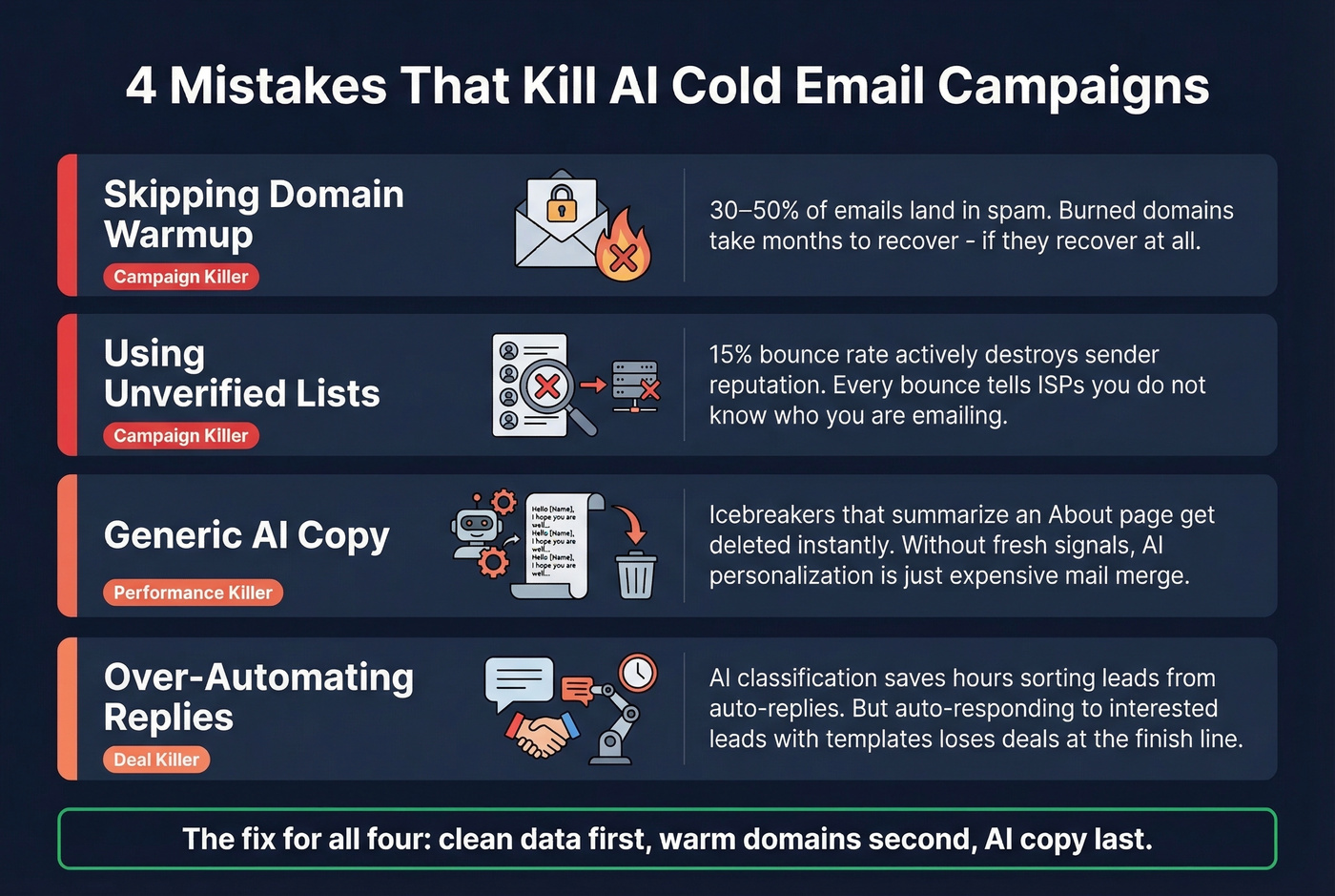 Four common AI cold email mistakes with impact warnings