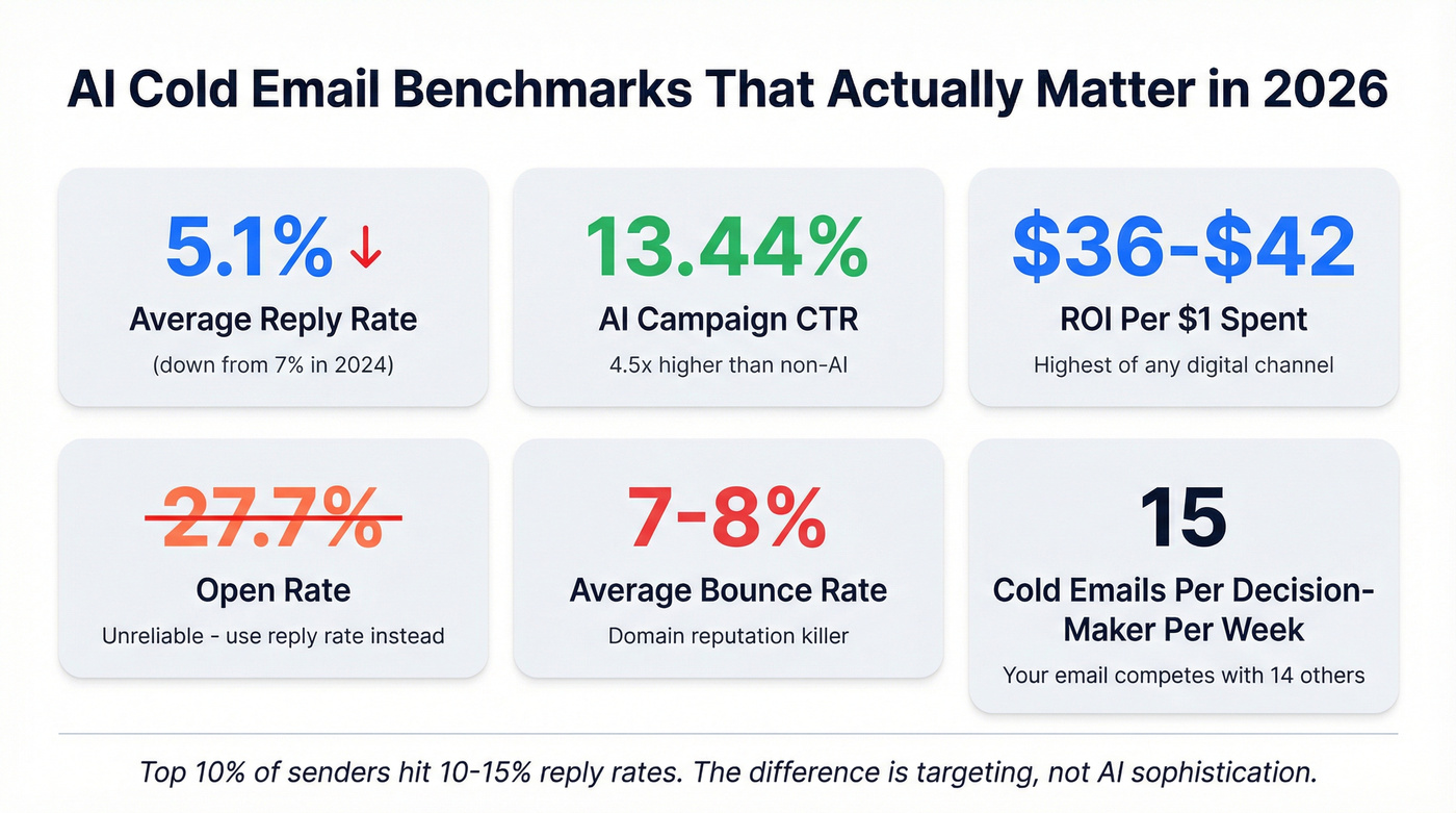 Key AI cold email benchmarks for 2026 visual dashboard