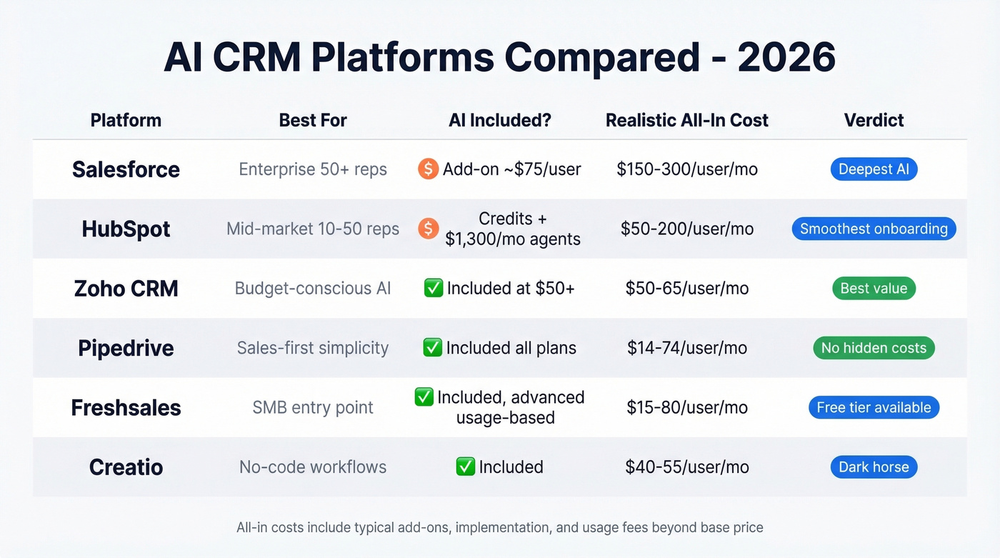 AI CRM platform comparison matrix with pricing and ratings