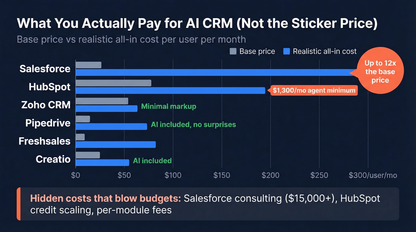 AI CRM real pricing versus sticker price bar chart