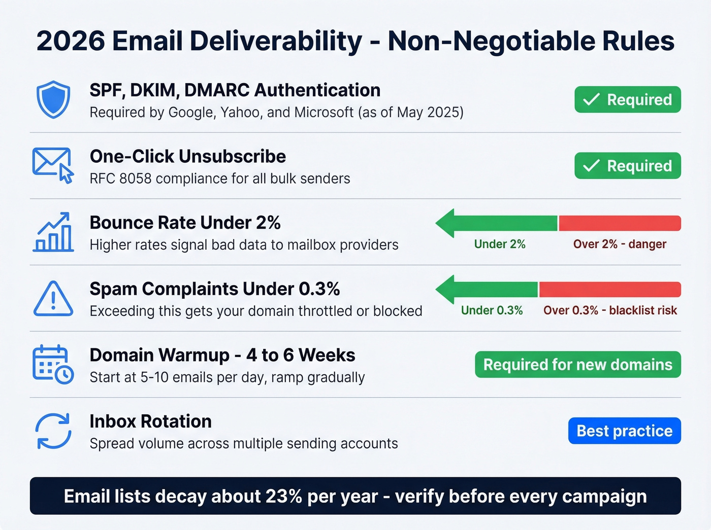 Email deliverability compliance checklist with thresholds