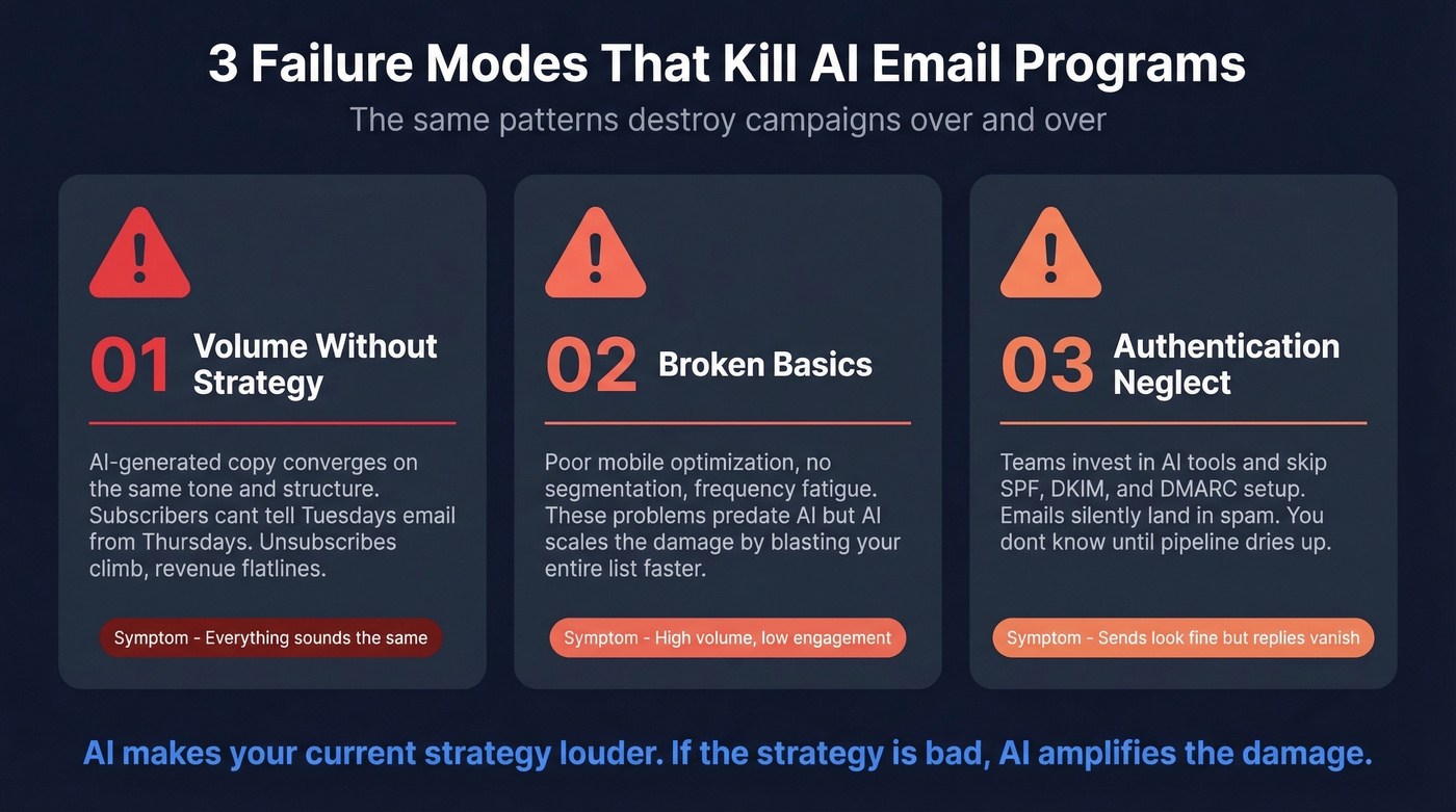 Three failure modes killing AI email programs visual