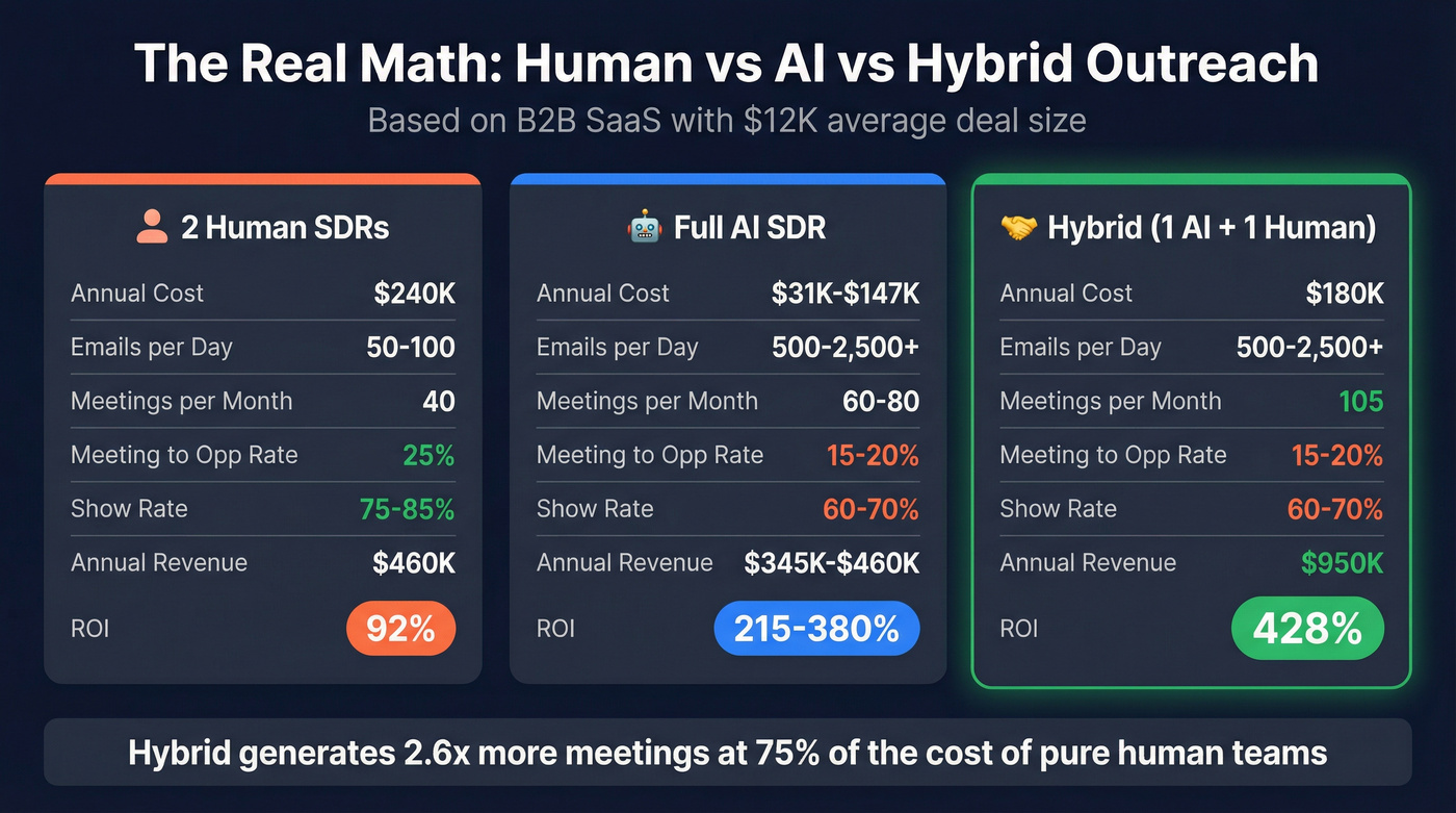 Three-column comparison of human vs AI vs hybrid outreach ROI and metrics