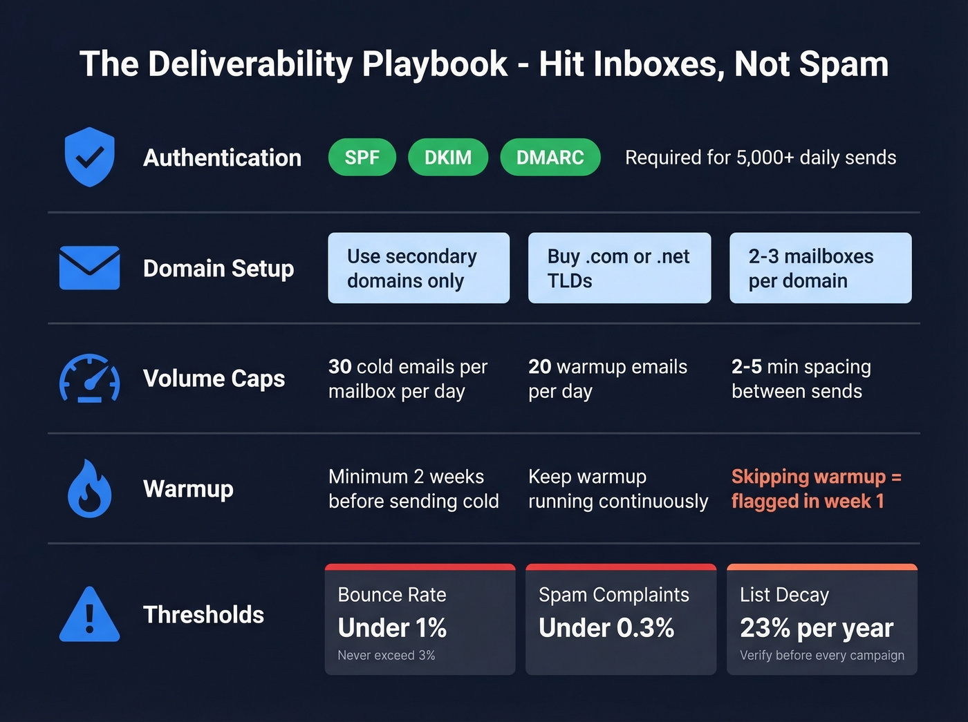 Email deliverability checklist with thresholds and rules