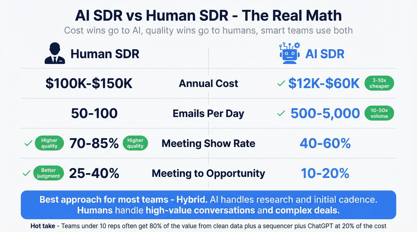 AI SDR versus Human SDR cost and performance comparison