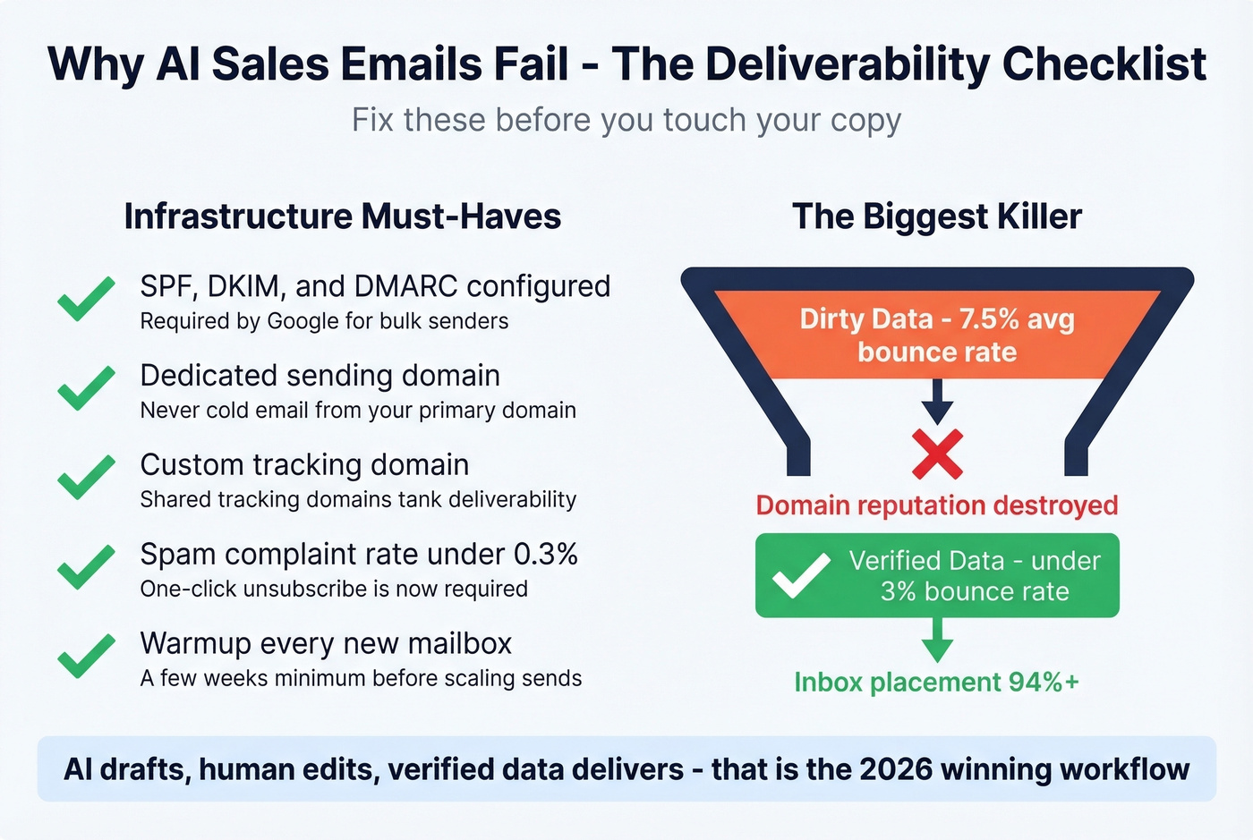 Deliverability checklist showing why AI sales emails fail