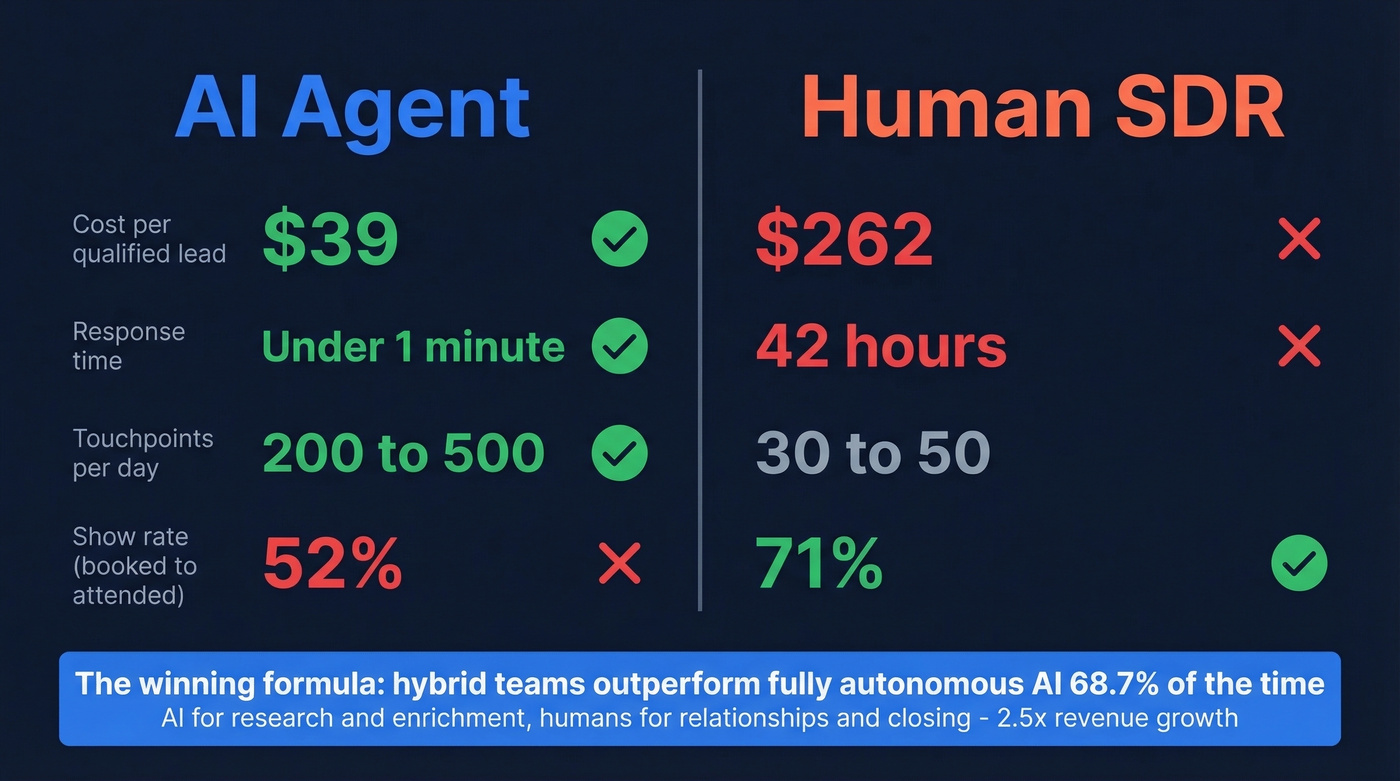 AI agent versus human SDR performance comparison