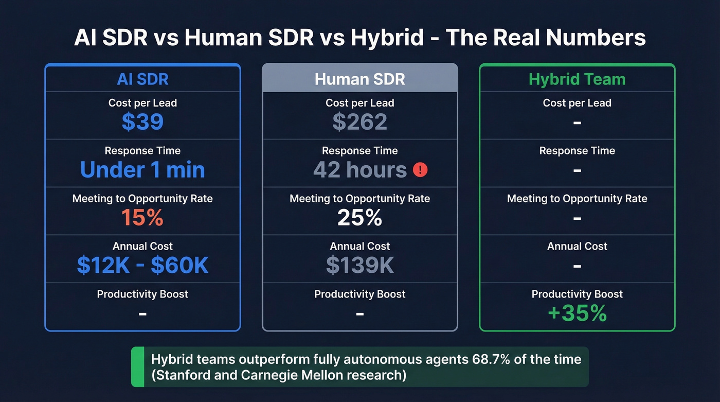 AI SDR vs human SDR vs hybrid team performance comparison