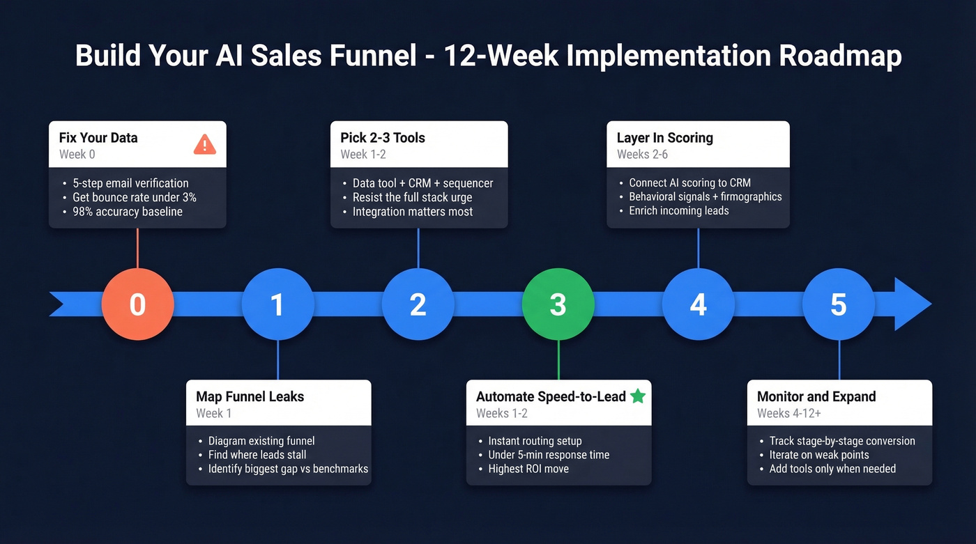 Step-by-step AI funnel implementation timeline with milestones