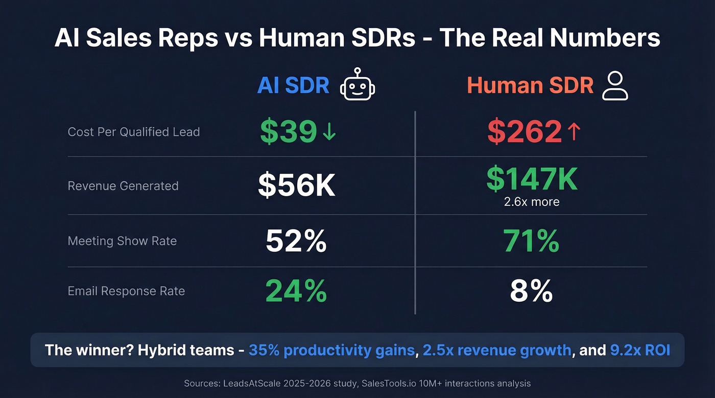 AI SDR vs human SDR performance comparison stats