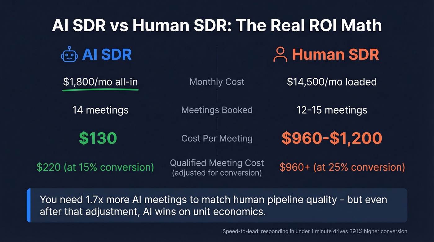 AI SDR vs human SDR ROI comparison metrics