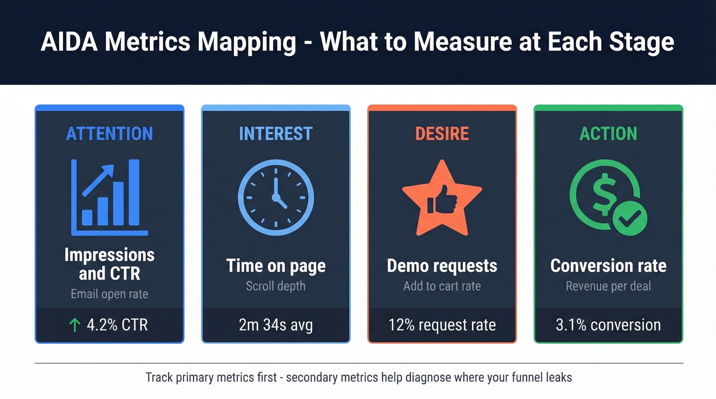 AIDA stages mapped to marketing metrics dashboard