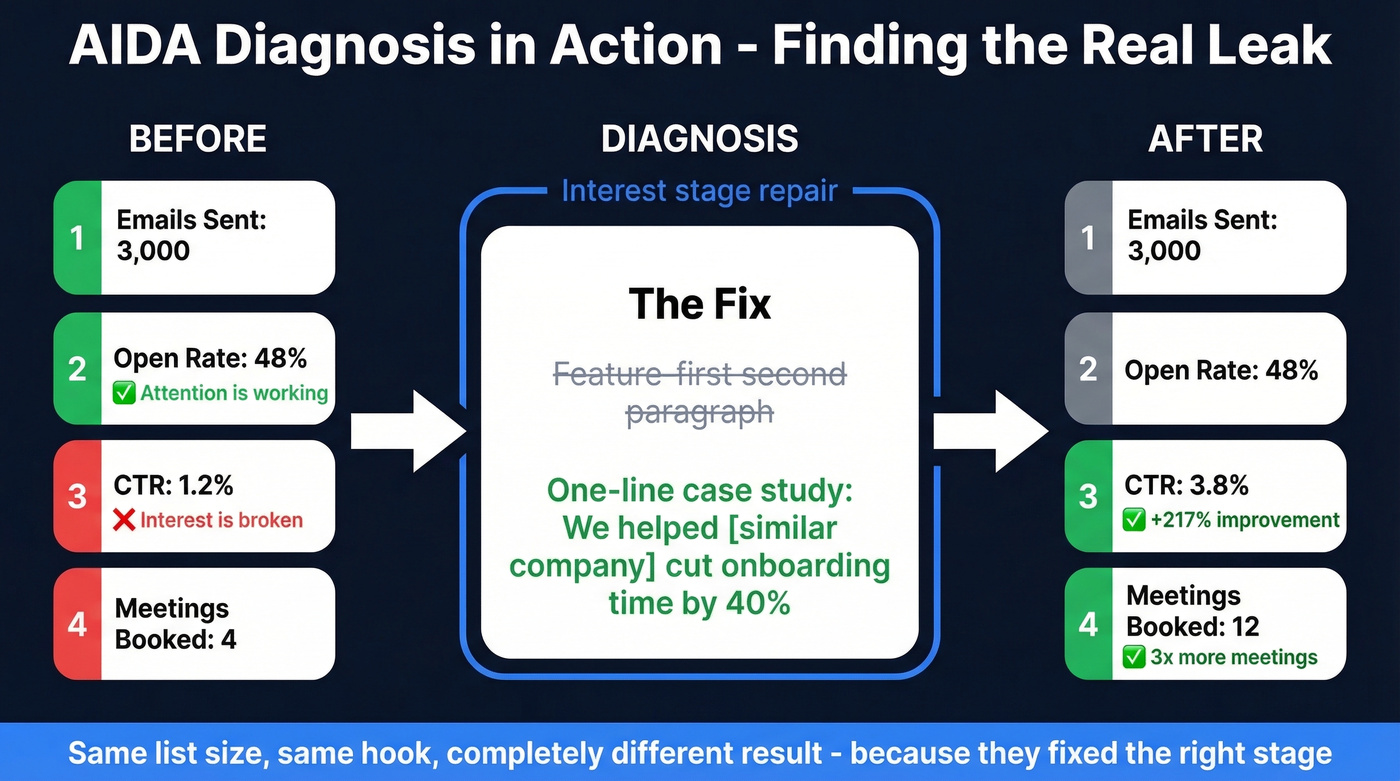 AIDA diagnostic walkthrough showing cold email fix