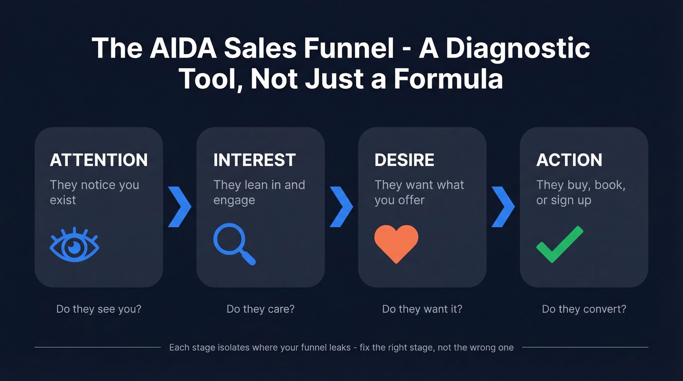 AIDA sales funnel four stages diagnostic flow