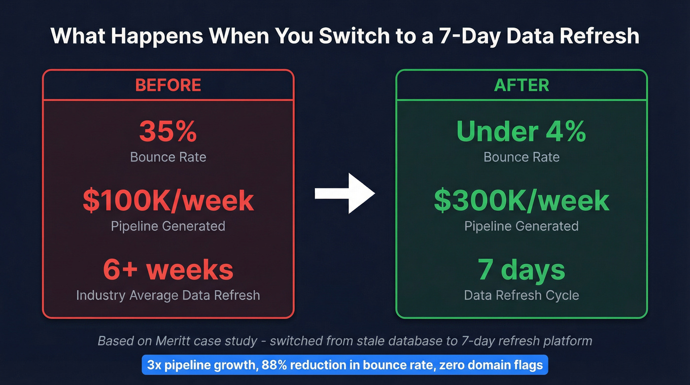 Before and after stats showing impact of 7-day data refresh cycle