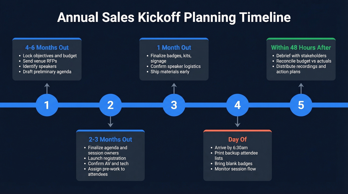 SKO planning timeline from 6 months out to post-event