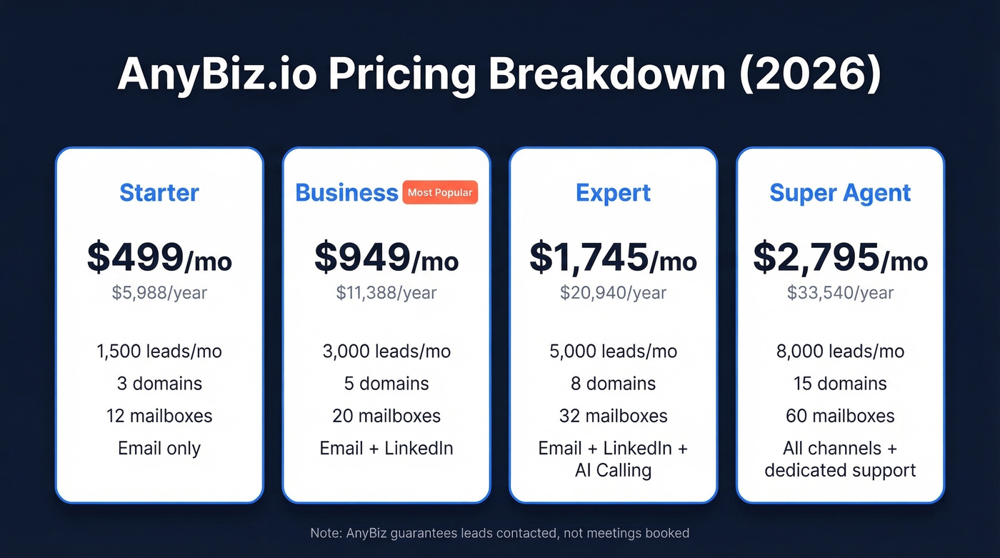 AnyBiz.io four-tier pricing comparison with features and limits