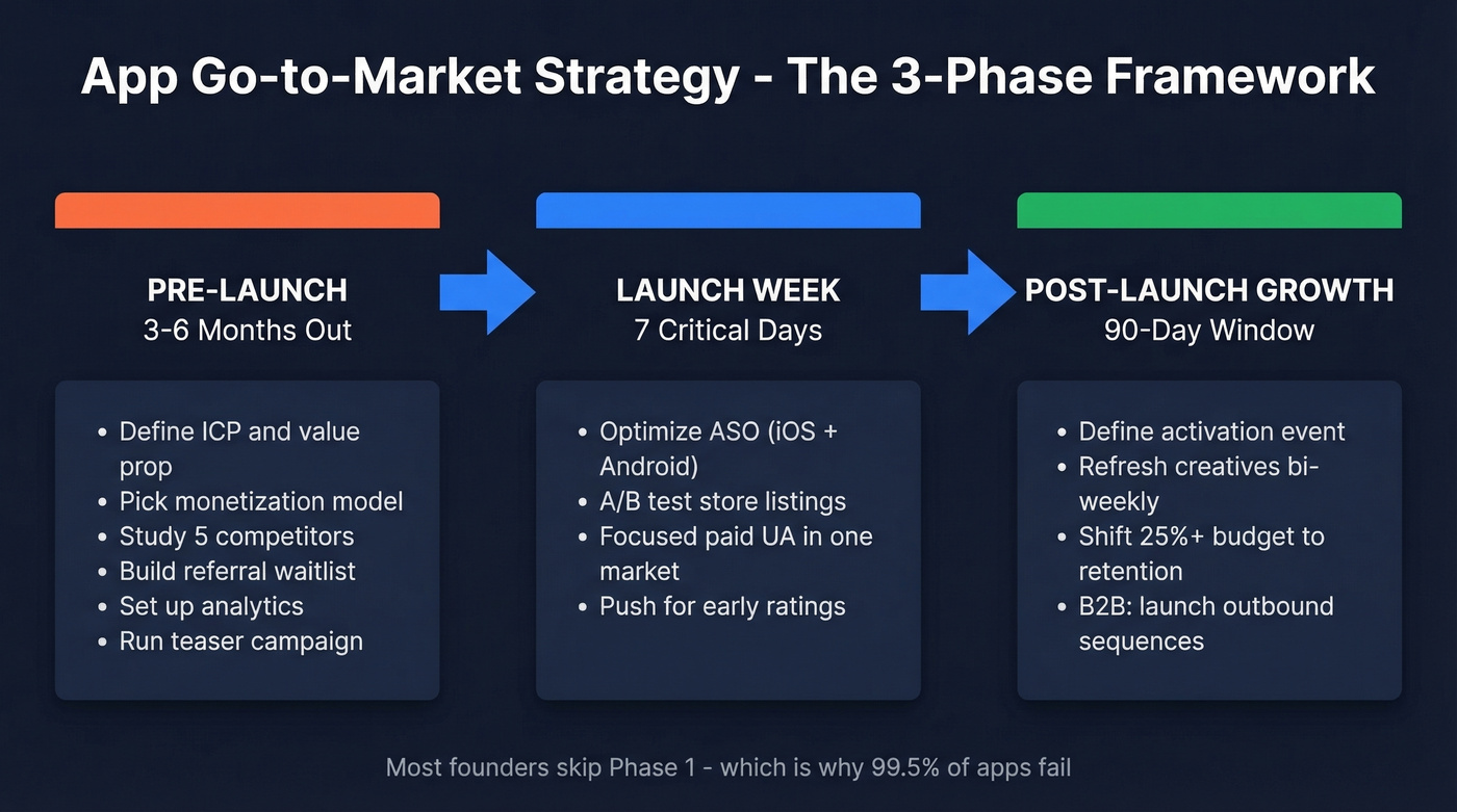 Three-phase app GTM strategy timeline overview