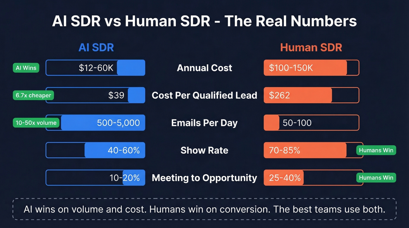AI SDR vs Human SDR performance comparison visualization