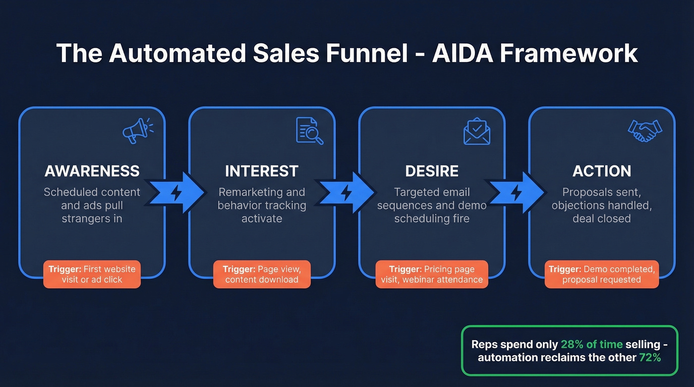 AIDA automated sales funnel stages with triggers