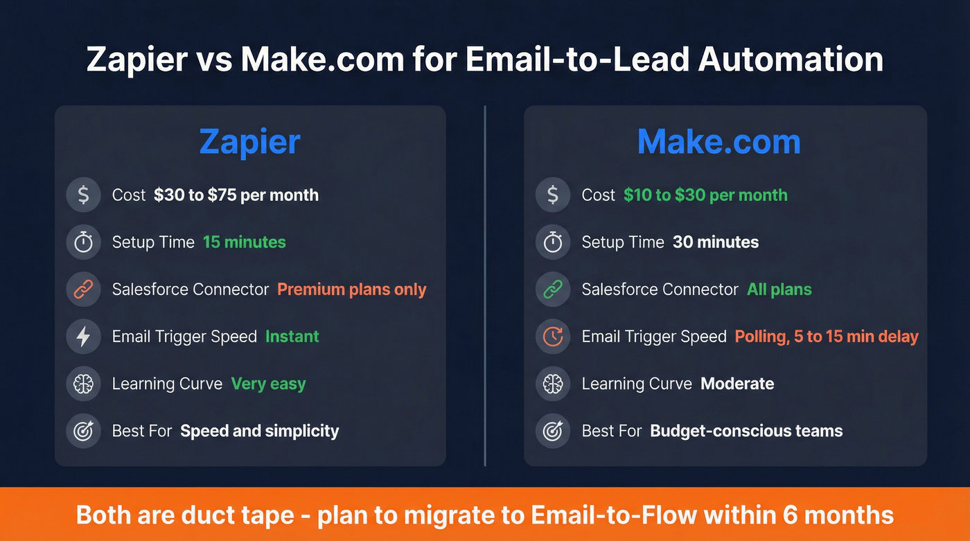 Head-to-head comparison of Zapier vs Make.com for email-to-lead