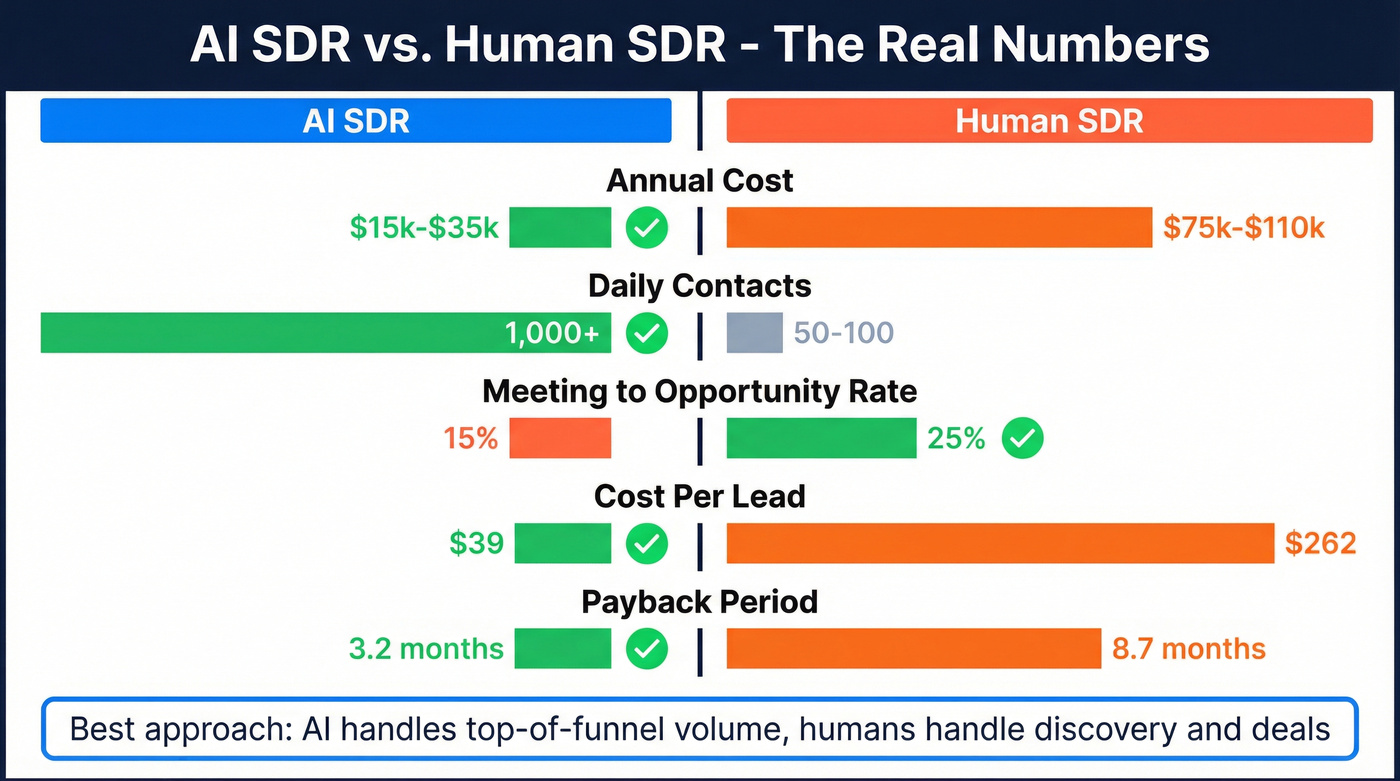 AI SDR versus human SDR cost and performance metrics