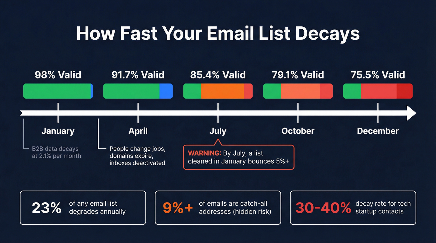 Email list decay timeline showing data degradation over 12 months