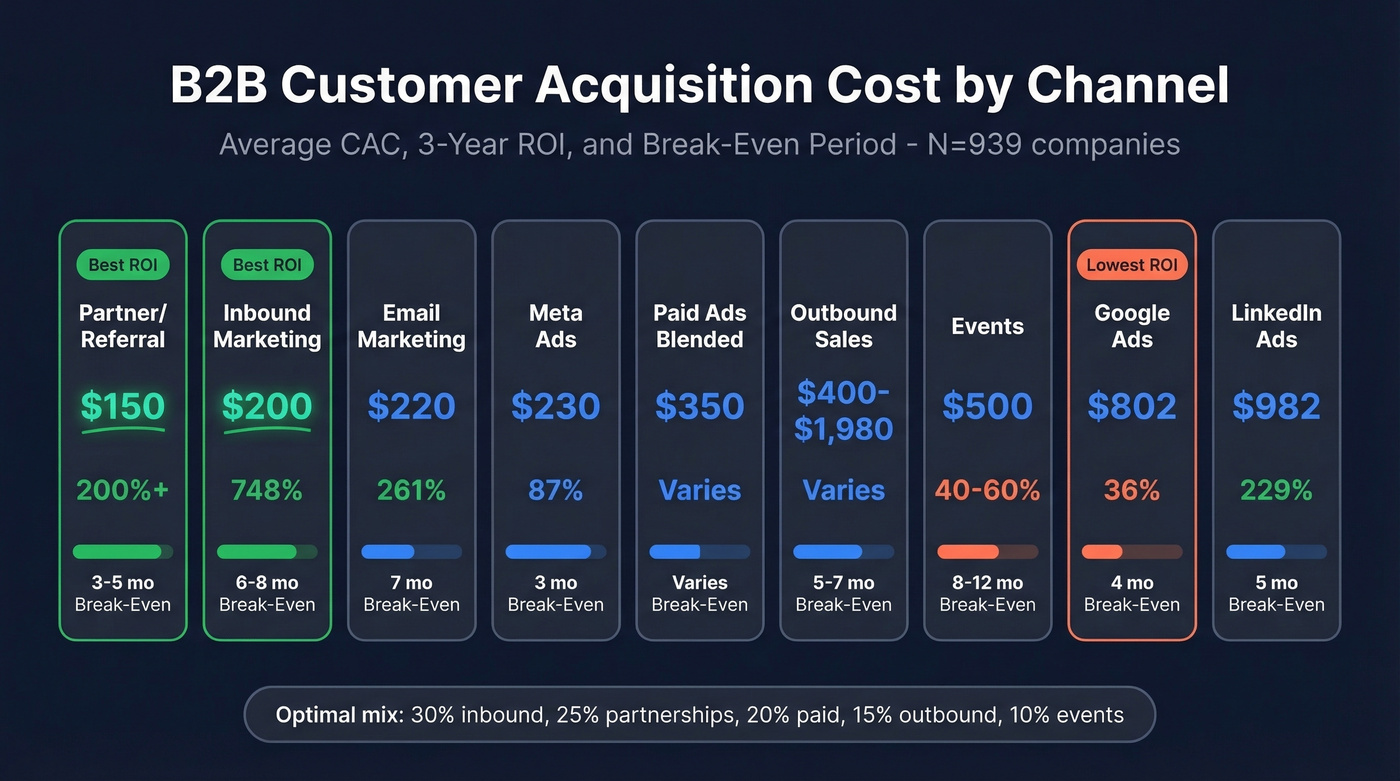 Channel comparison showing CAC, ROI, and break-even