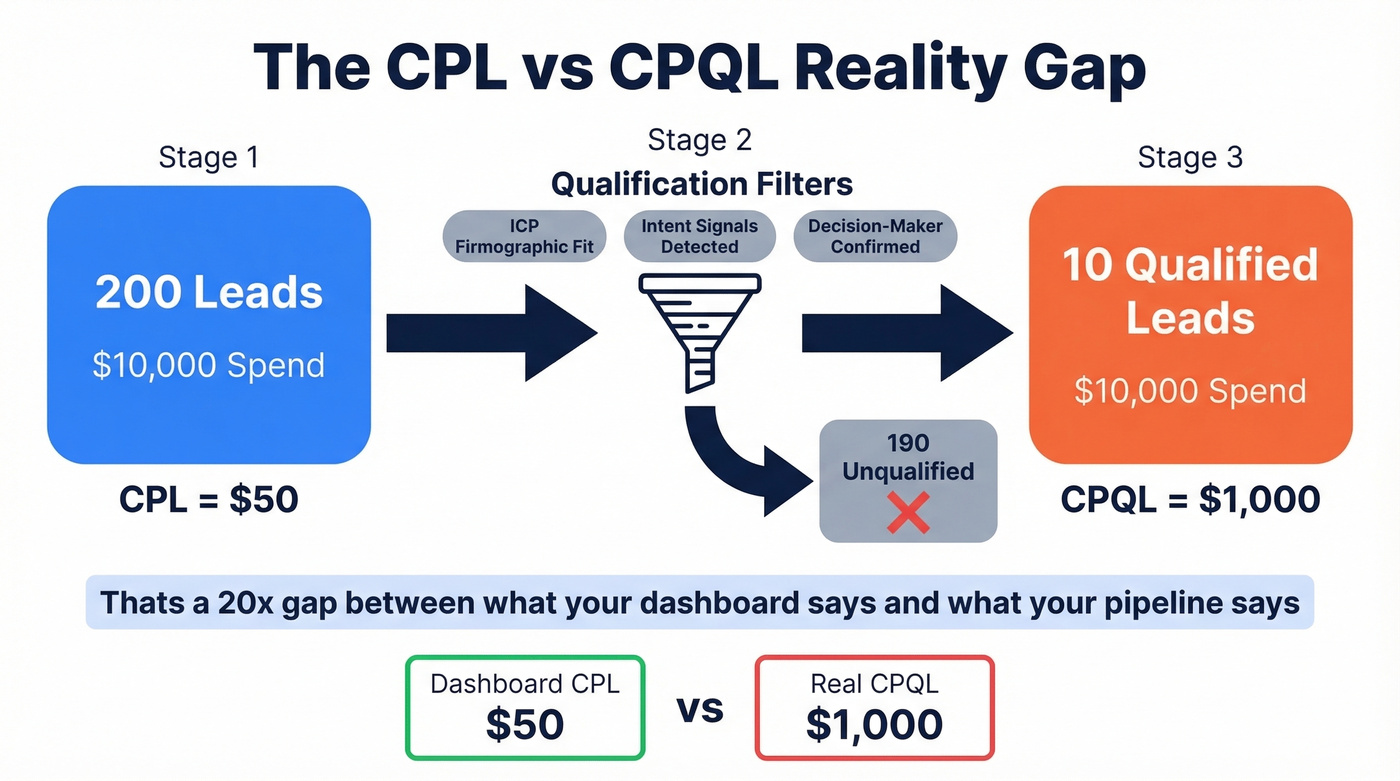 Visual showing CPL vs CPQL gap with qualification funnel