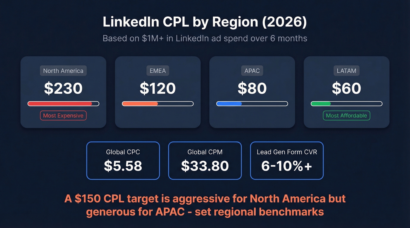 LinkedIn CPL benchmarks by global region with key metrics