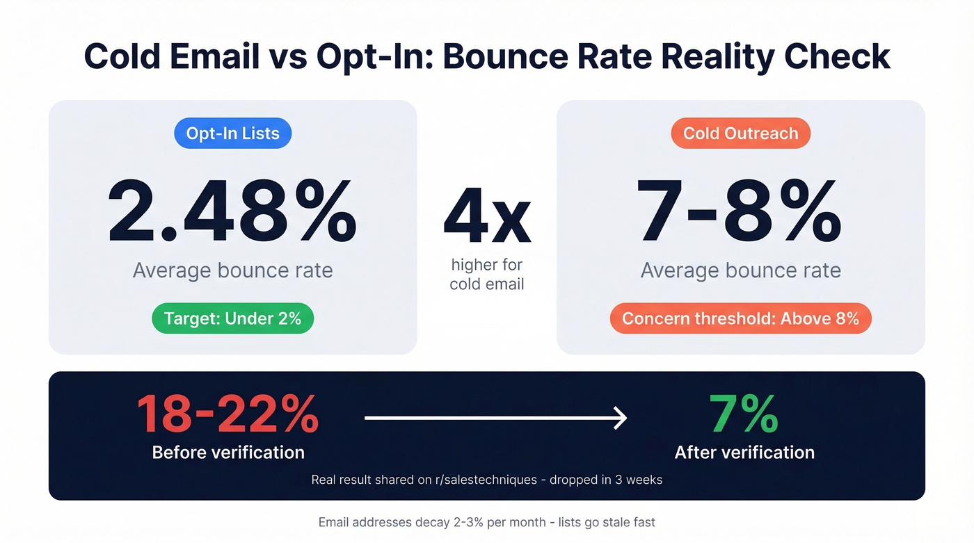 Cold email vs opt-in bounce rate comparison stats