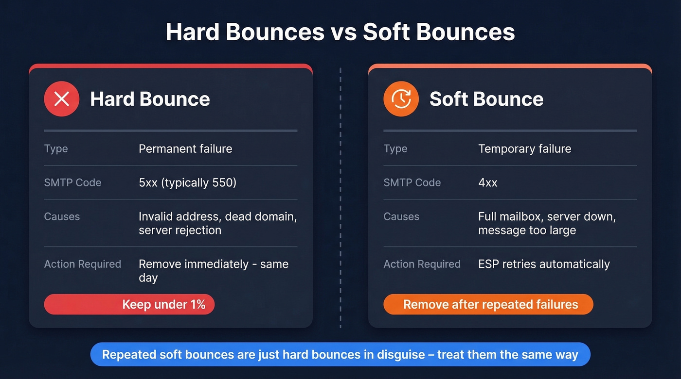 Hard vs soft bounces comparison with SMTP codes